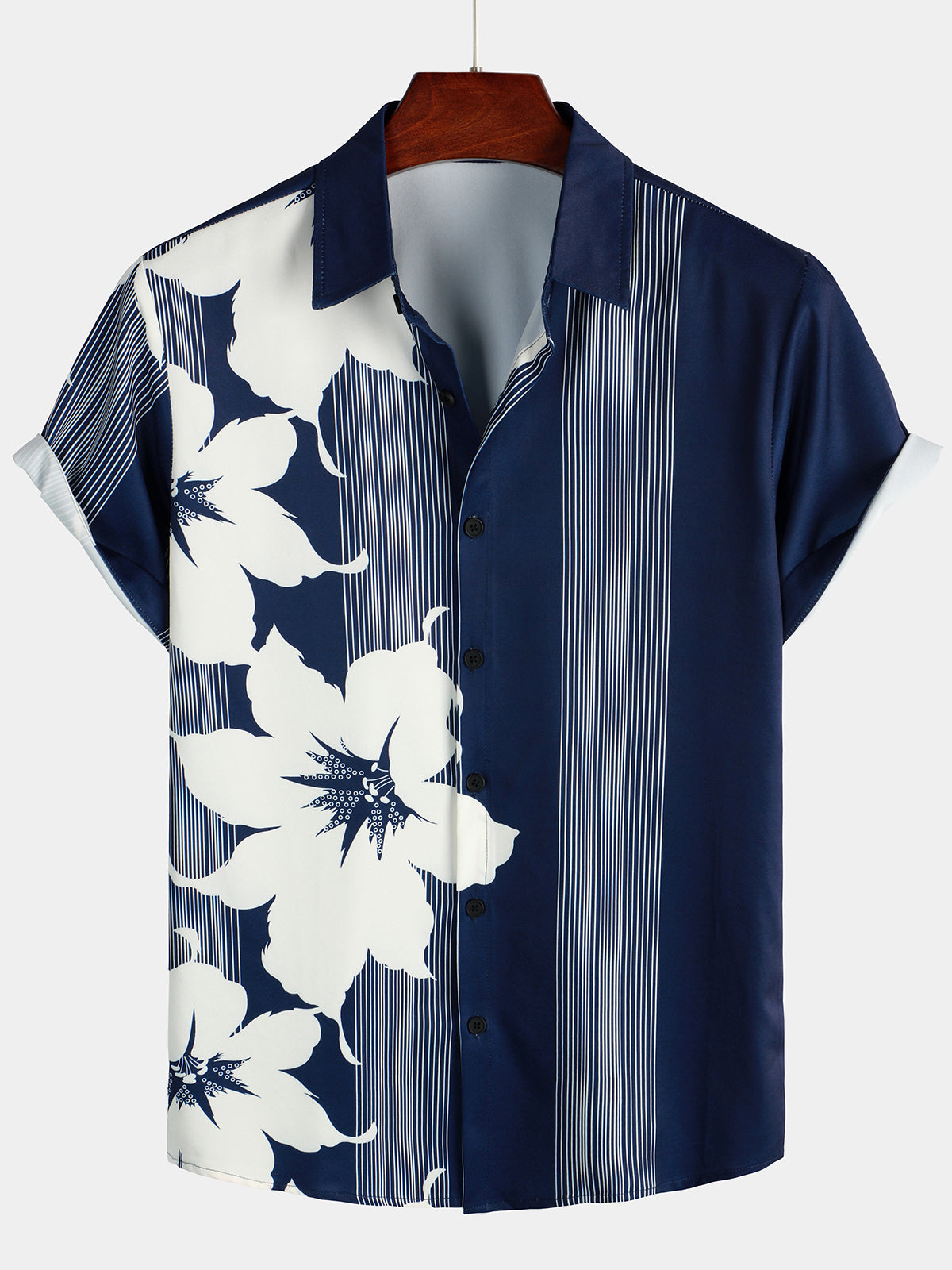 Camicia hawaiana a maniche corte con stampa floreale e righe verticali da uomo