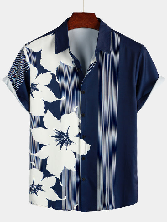 Camicia hawaiana a maniche corte con stampa floreale e righe verticali da uomo