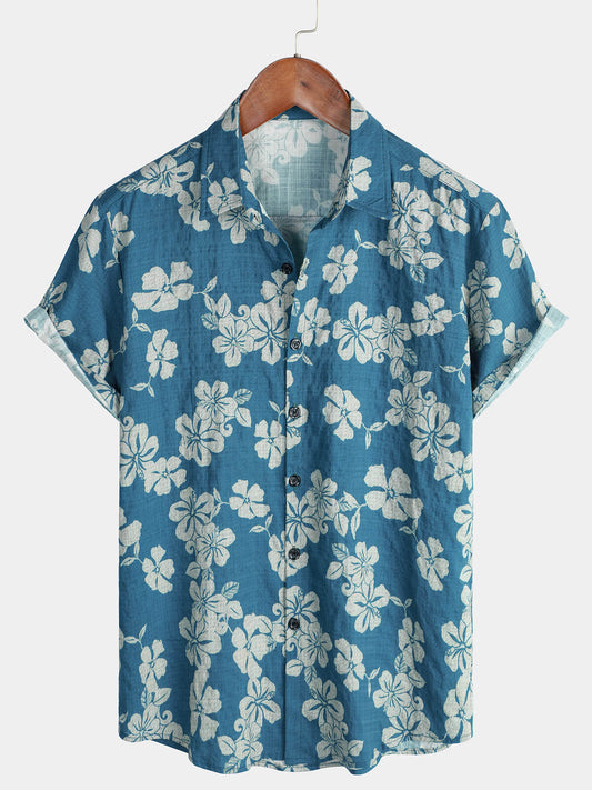 Camicia hawaiana a maniche corte con motivo floreale blu da uomo