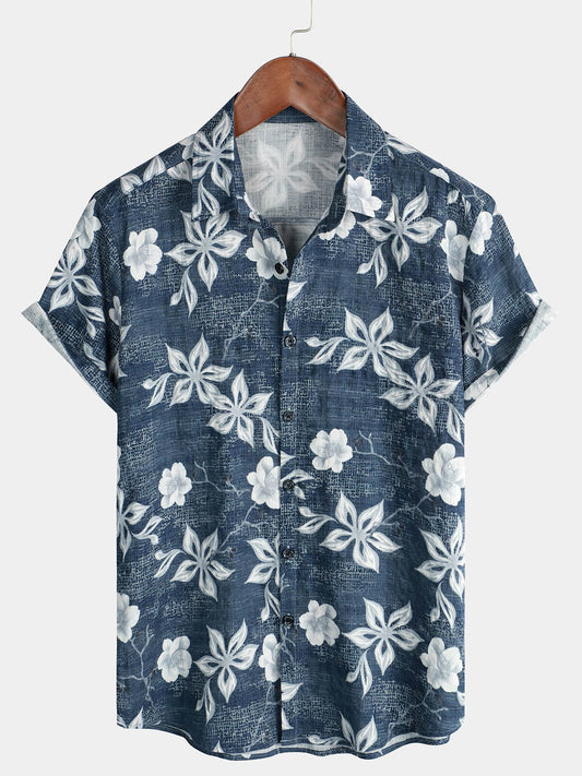 Camicia da spiaggia estiva a maniche corte con motivo floreale hawaiano da uomo