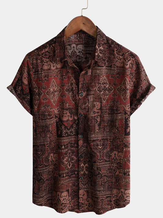 Camicia a maniche corte con stampa paisley floreale retrò da uomo