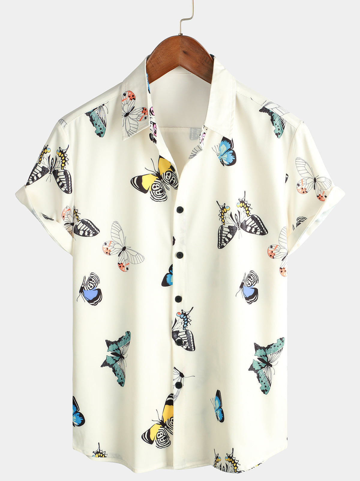 Camicia estiva casual a maniche corte con stampa grafica di farfalla da uomo