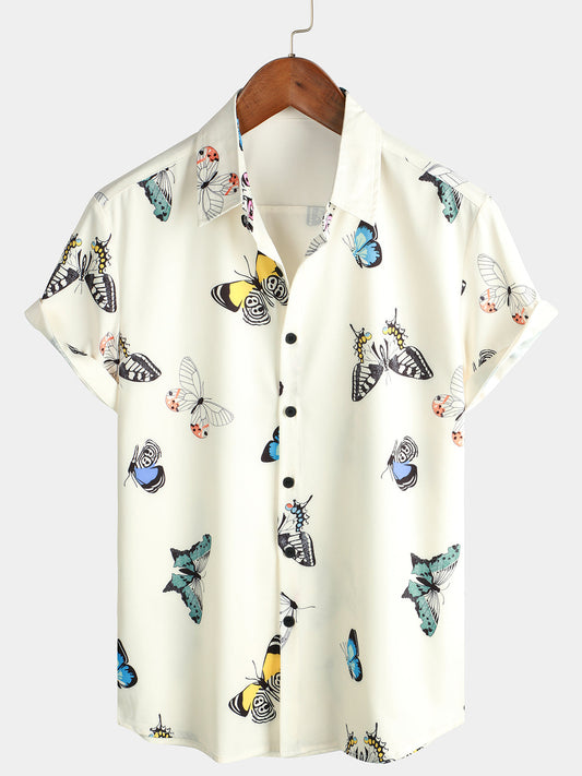 Camicia estiva casual a maniche corte con stampa grafica di farfalla da uomo