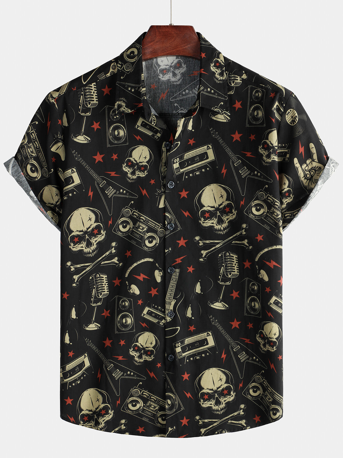 Camicia hawaiana da uomo con teschio e musica punk rock and roll