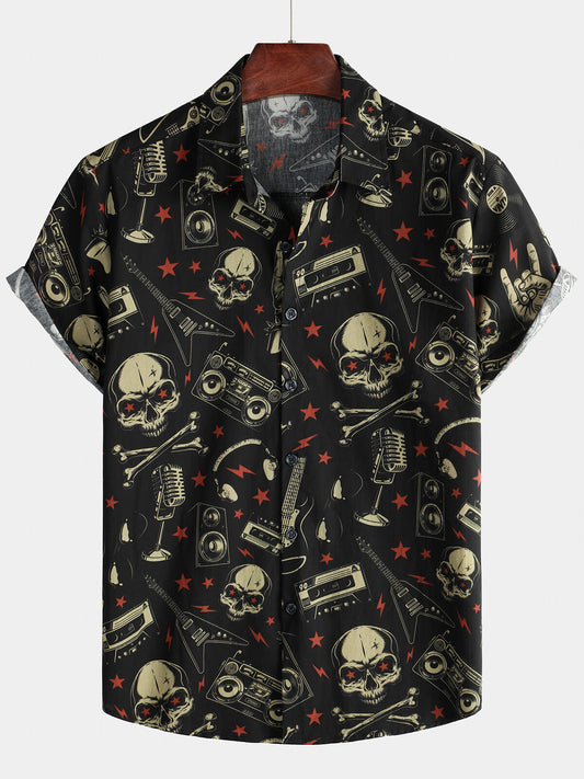Camicia hawaiana da uomo con teschio e musica punk rock and roll