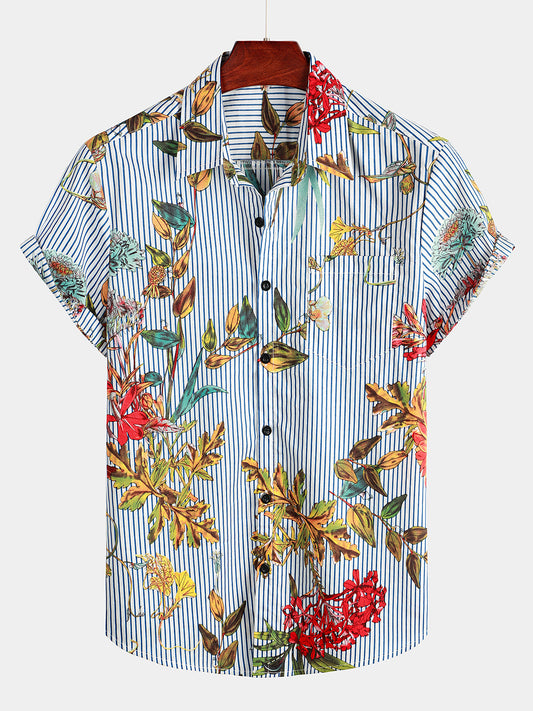 Camicia hawaiana a maniche corte con tasca da uomo a righe e stampa floreale