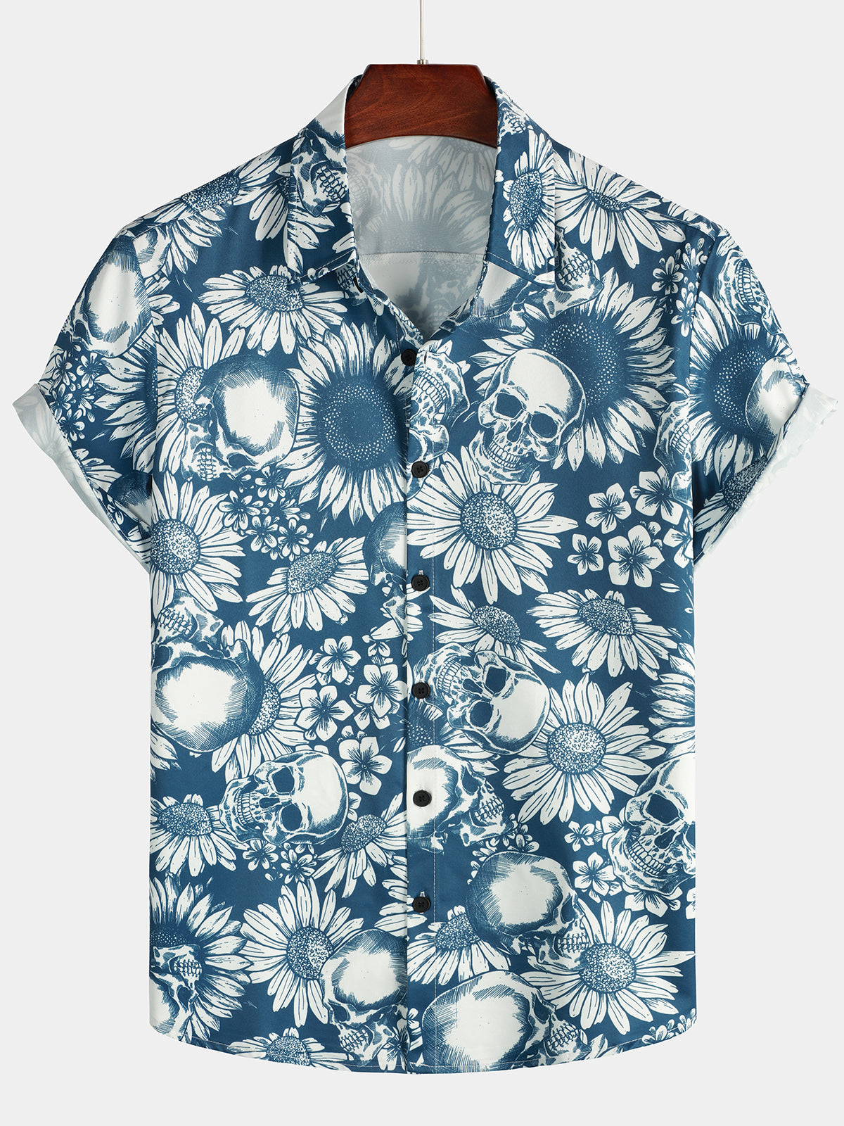 Camicia hawaiana a maniche corte con teschio e girasole floreale da uomo