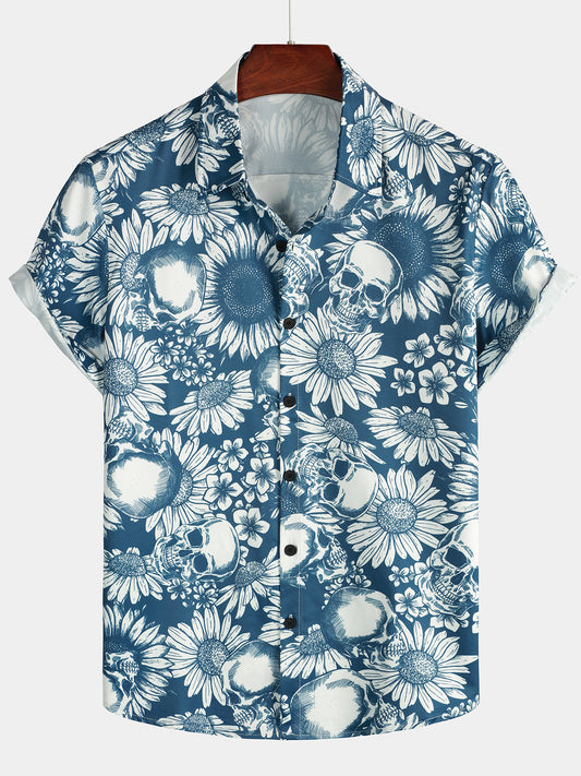 Camicia hawaiana a maniche corte con teschio e girasole floreale da uomo