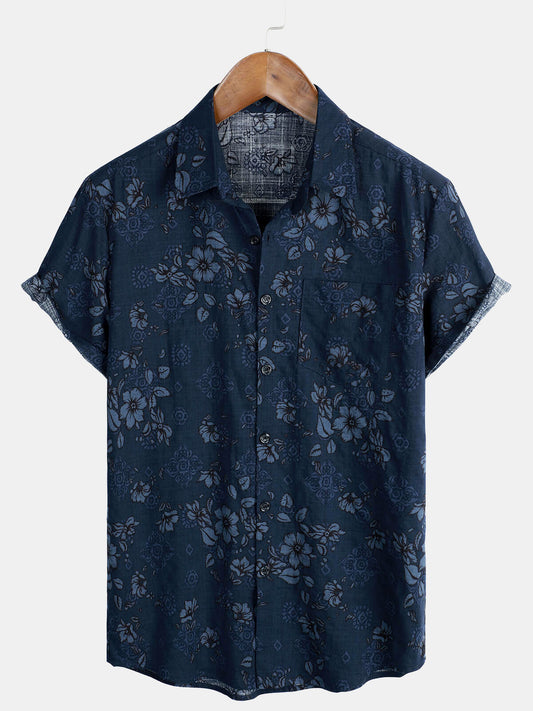 Camicia hawaiana vintage floreale in cotone blu da uomo