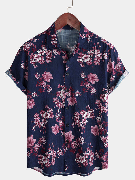 Camicia da uomo in cotone a maniche corte con stampa floreale