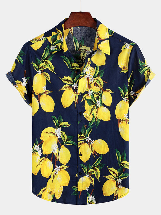 Camicia hawaiana estiva da uomo a maniche corte con stampa di limoni gialli tropicali