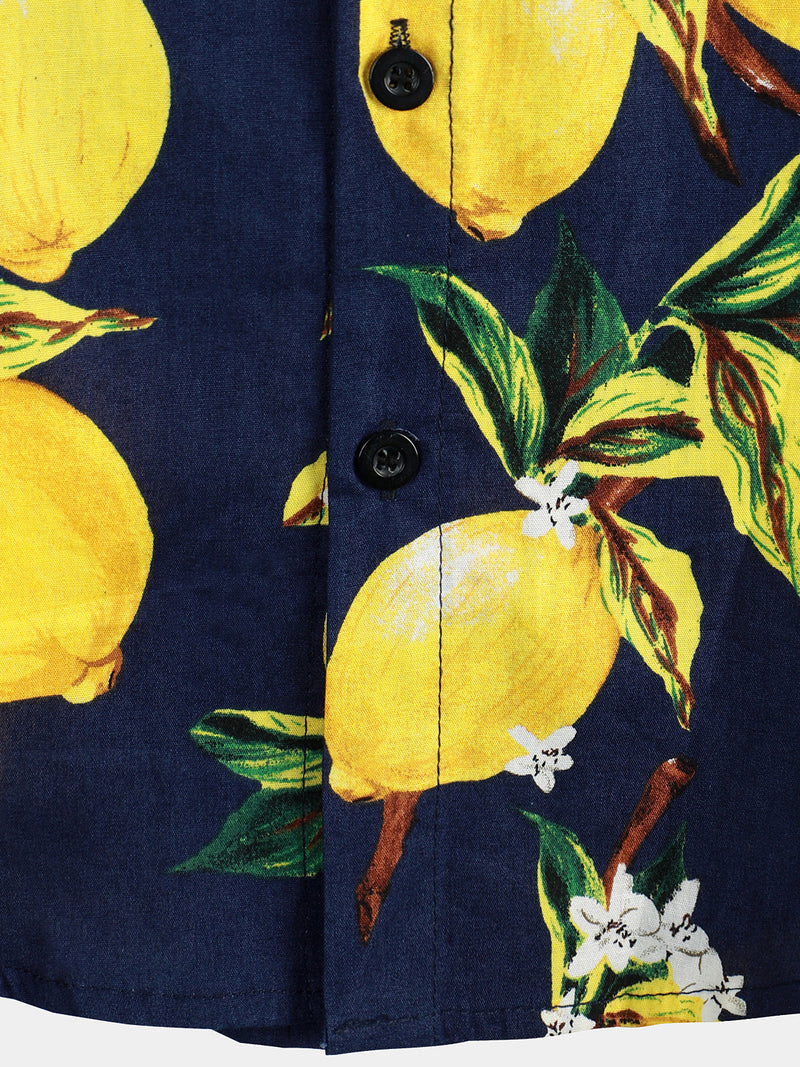 Camicia hawaiana estiva da uomo a maniche corte con stampa di limoni gialli tropicali