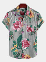 Camicia Hawaiian a Maniche Corte con Stampa a Strisce e Fiori per Uomo