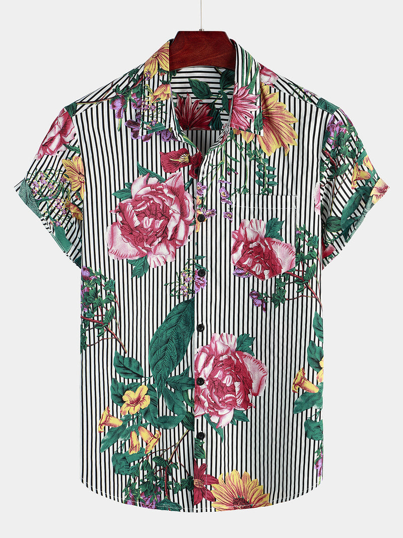 Camicia Hawaiian a Maniche Corte con Stampa a Strisce e Fiori per Uomo