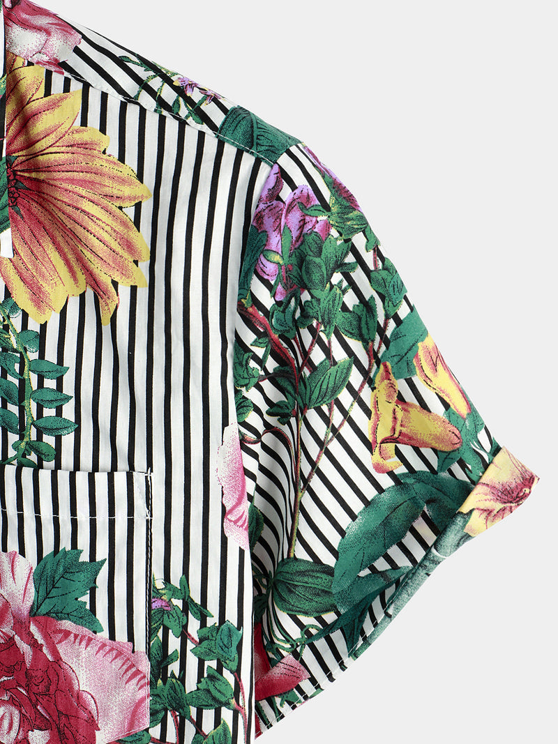 Camicia Hawaiian a Maniche Corte con Stampa a Strisce e Fiori per Uomo