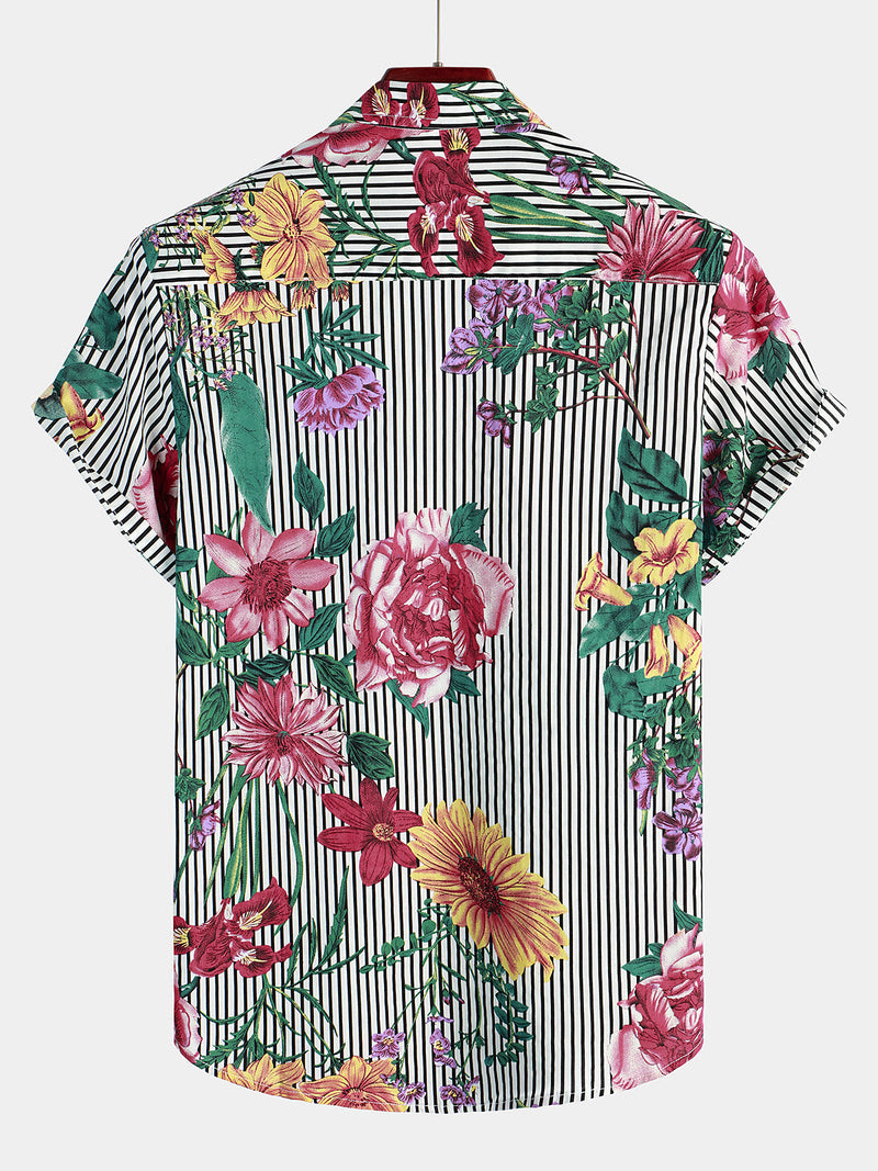 Camicia Hawaiian a Maniche Corte con Stampa a Strisce e Fiori per Uomo