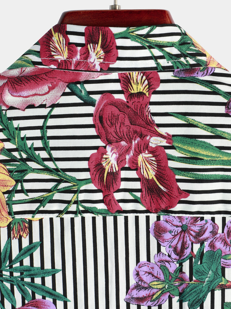 Camicia Hawaiian a Maniche Corte con Stampa a Strisce e Fiori per Uomo