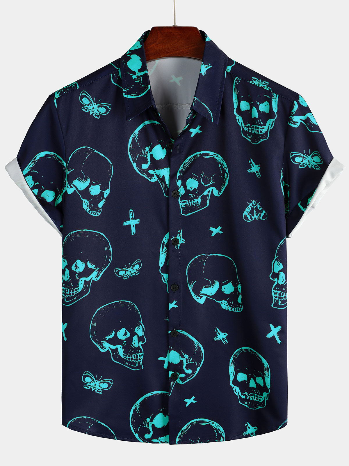 Camicia hawaiana con stampa teschio blu da uomo