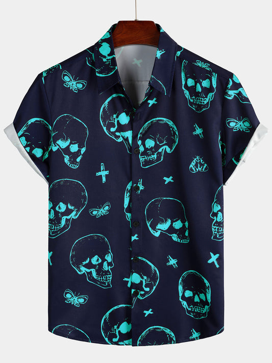 Camicia hawaiana con stampa teschio blu da uomo