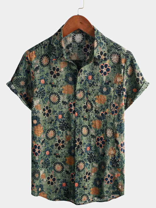 Camicia a maniche corte con stampa floreale vintage da uomo