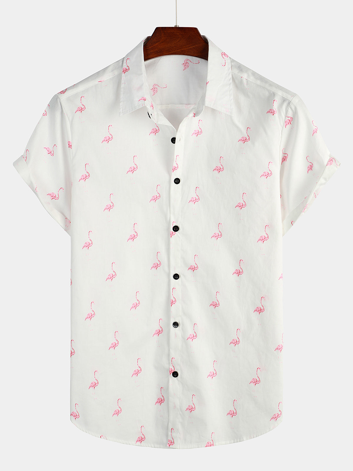 Camicia casual a maniche corte con stampa animalier tropicale fenicottero da uomo