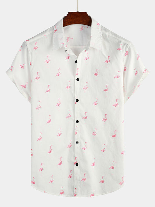 Camicia corta da uomo con stampa di fenicotteri rosa e bottoni