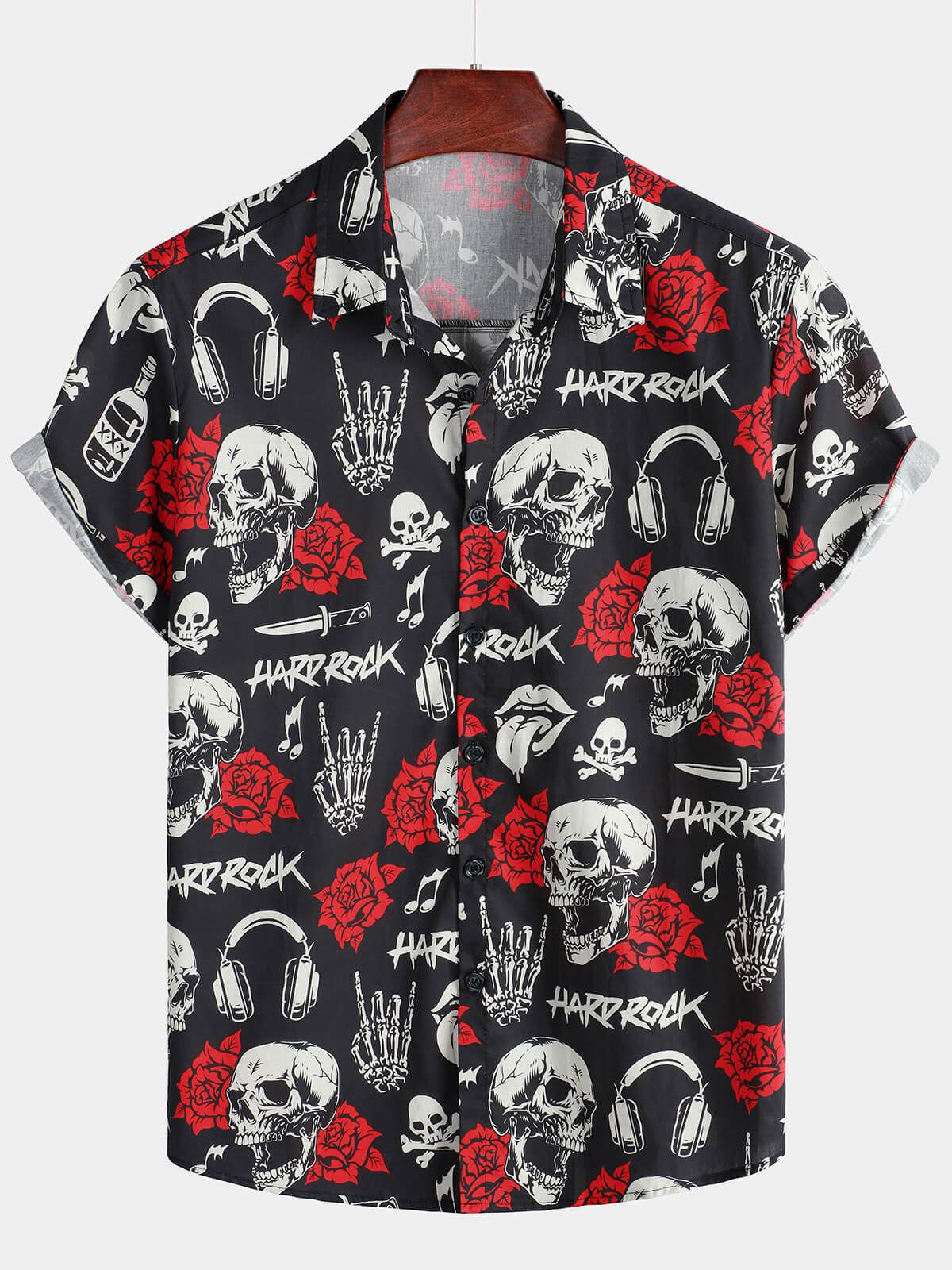 Camicia punk rock da uomo con stampa floreale di rose e teschi