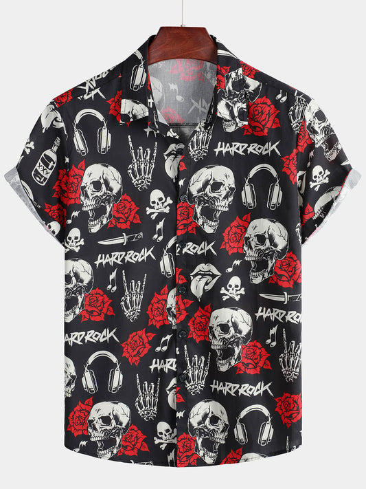 Camicia punk rock da uomo con stampa floreale di rose e teschi