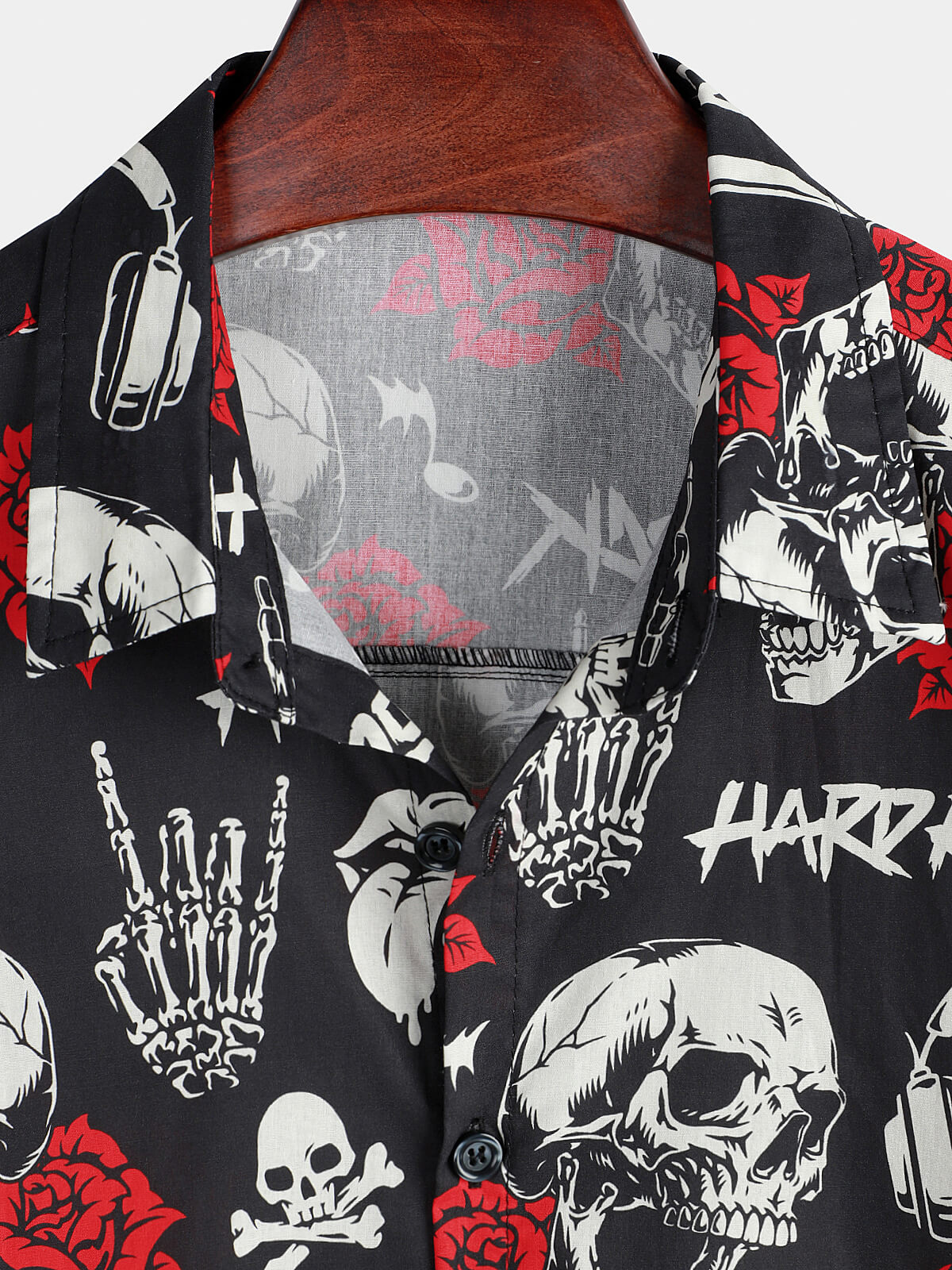 Camicia punk rock da uomo con stampa floreale di rose e teschi