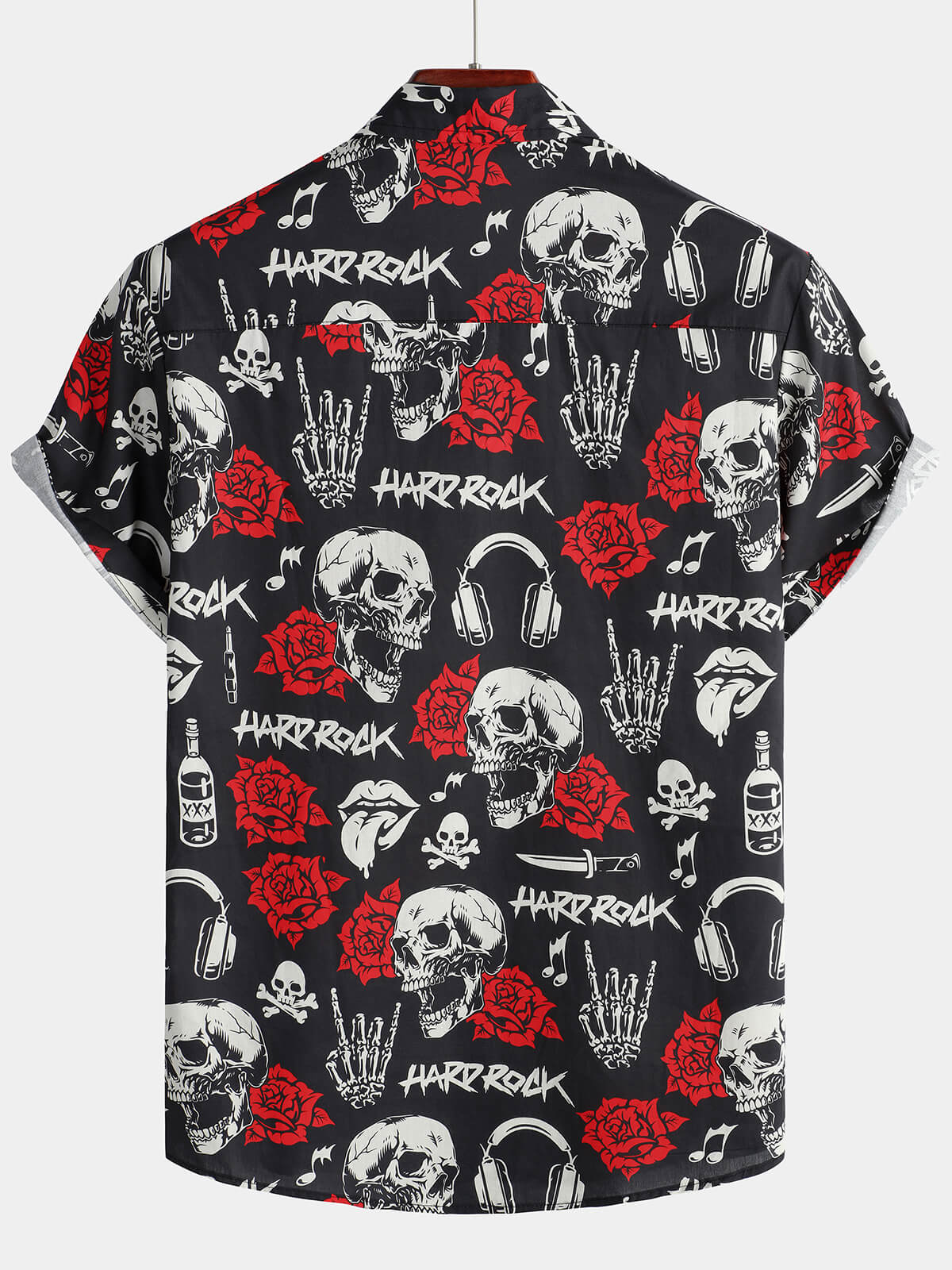 Camicia punk rock da uomo con stampa floreale di rose e teschi