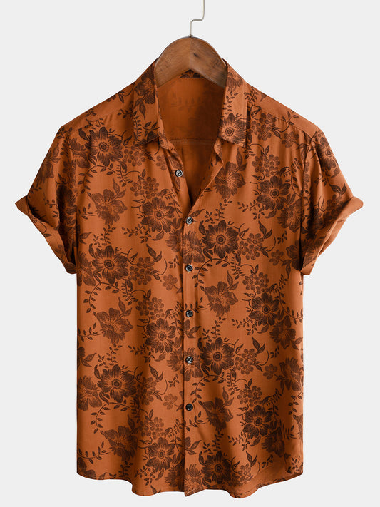Camicia da uomo con stampa floreale marrone