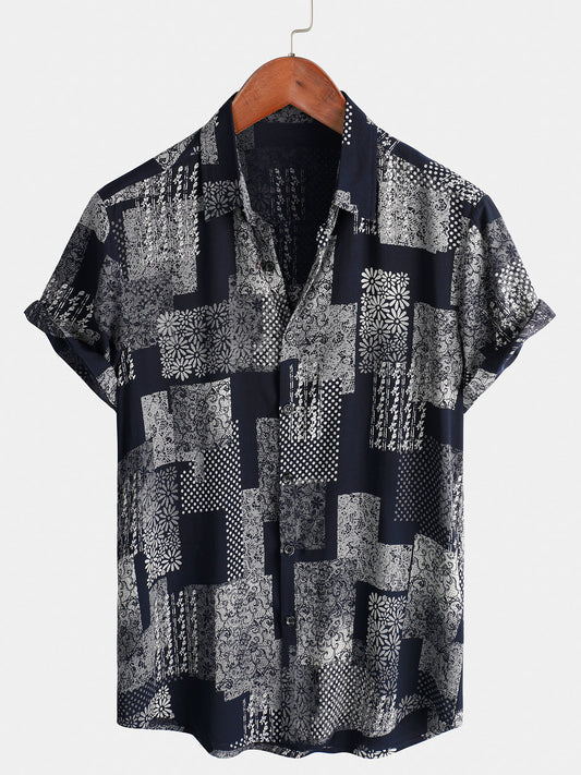 Camicia da uomo a maniche corte retrò da festa con motivo floreale vintage