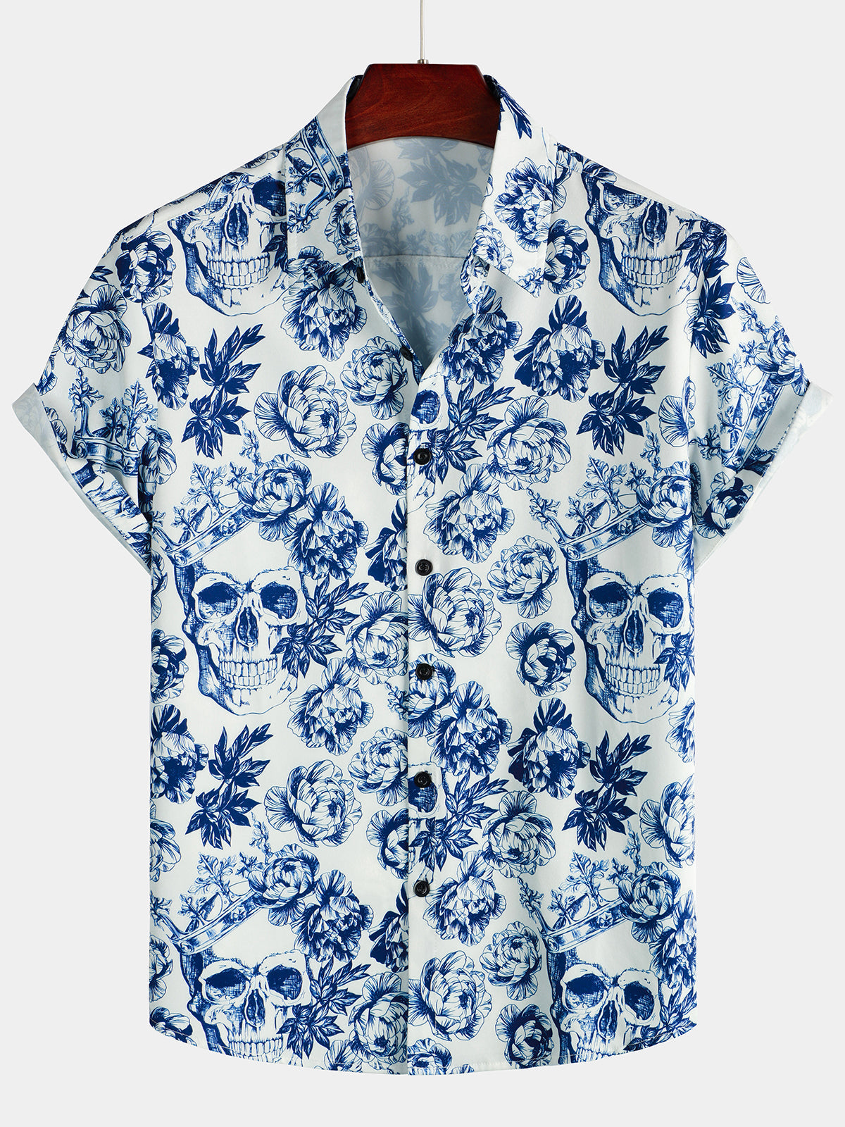 Camicia a maniche corte da uomo con stampa teschio e fiori