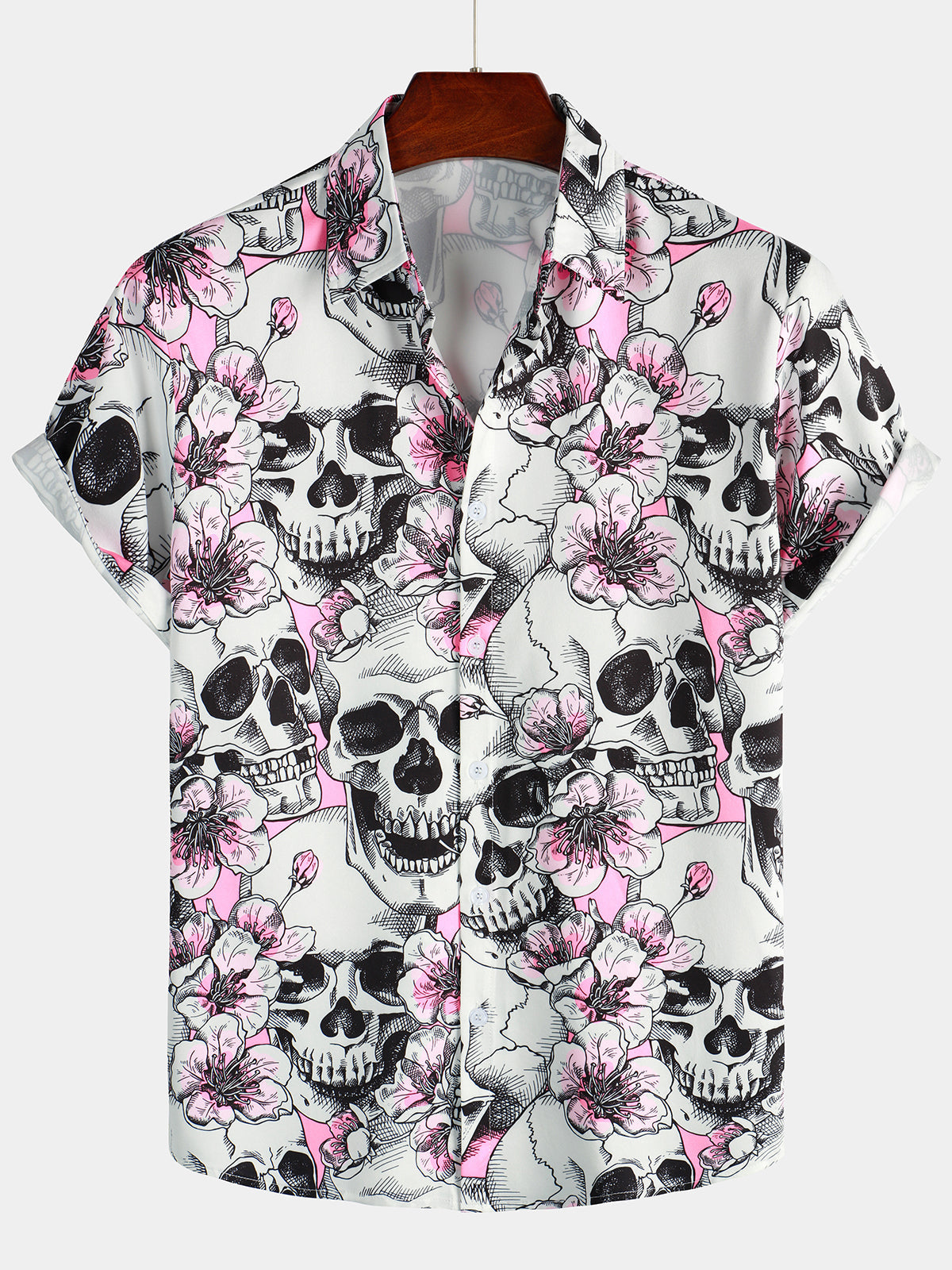 Camicia a maniche corte con motivo floreale rosa con teschio da uomo