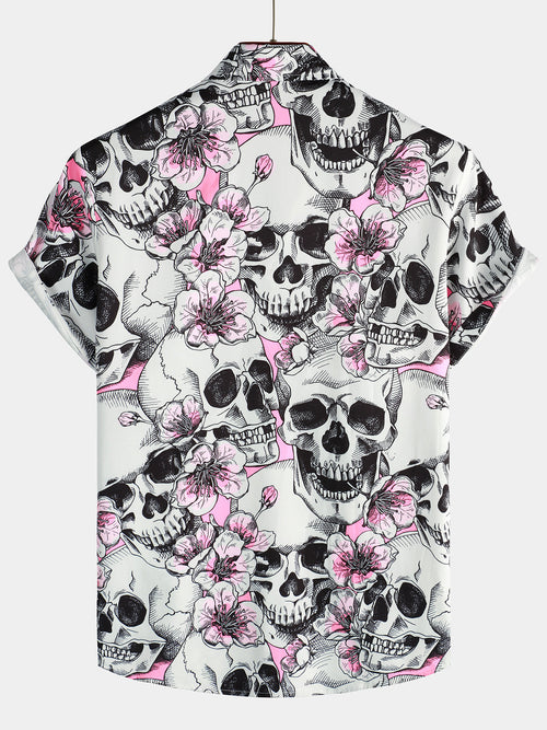 Camicia corta da uomo con teschi e fiori rosa, con bottoni