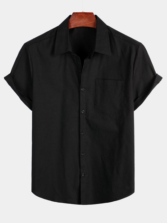 Camicia casual a maniche corte in lino e cotone a tinta unita con tasca per uomo