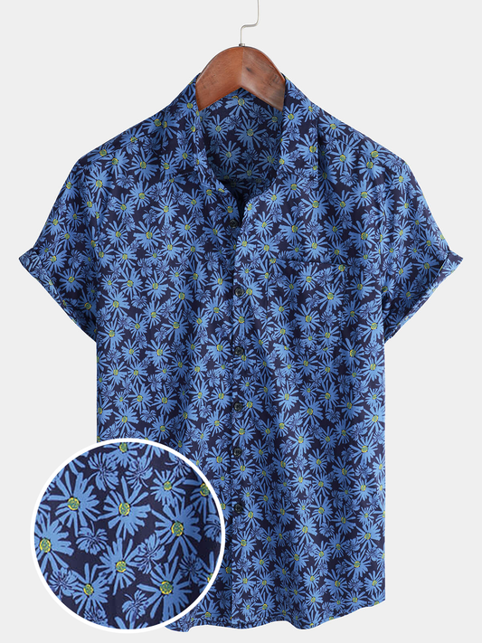 Camicia da spiaggia da uomo in cotone con motivo floreale a margherite e maniche corte