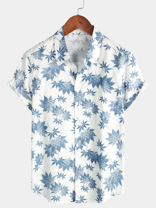 Camicia corta da uomo in cotone e lino con stampa di foglie di acero