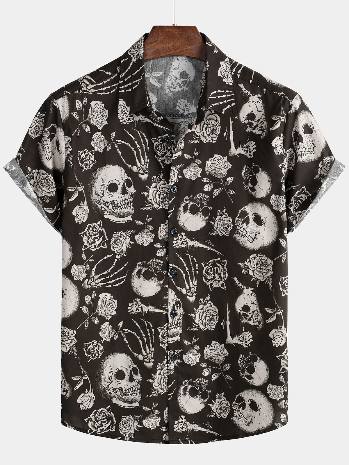 Maglietta da uomo con teschio e rosa floreale punk rock and roll