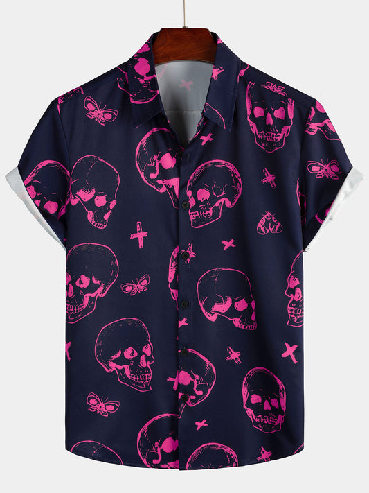 Camicia da uomo con stampa teschio rosa