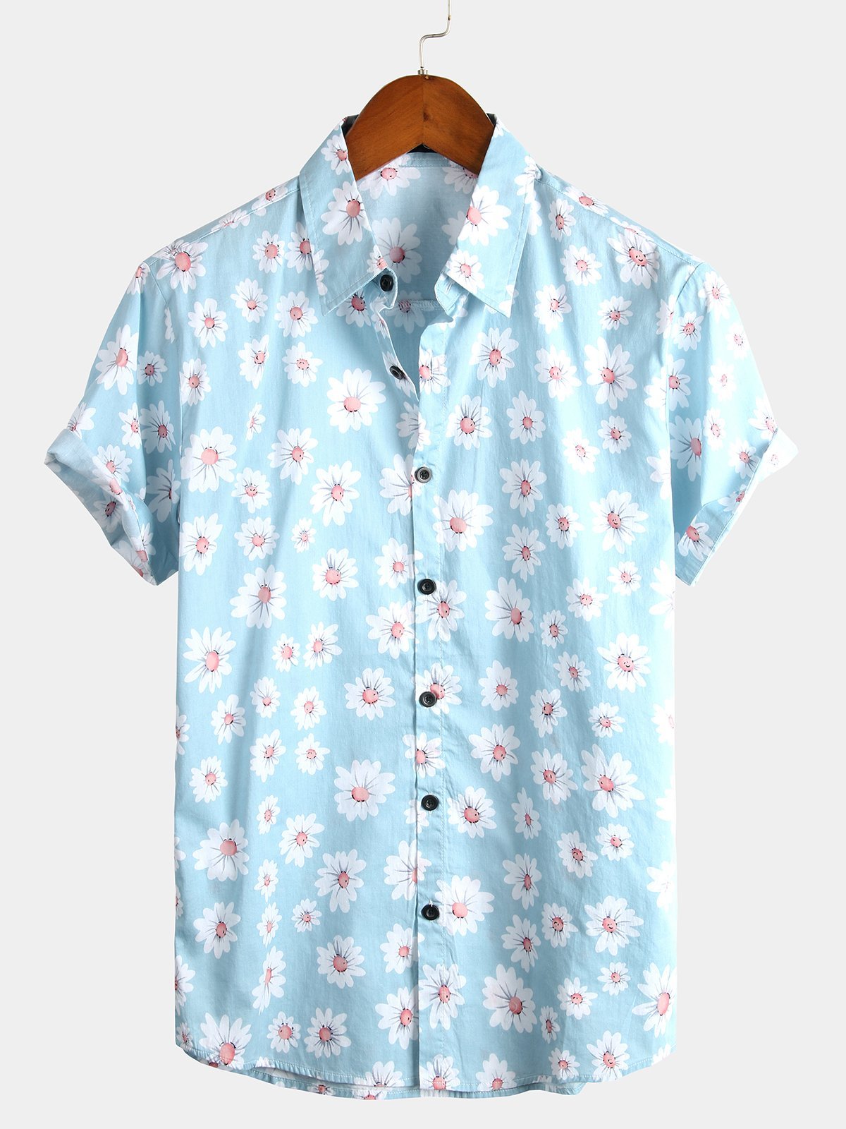 Camicia a maniche corte con stampa a fiori di margherite da uomo