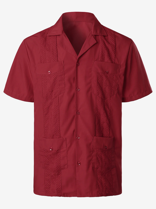 Camicia guayabera cubana rossa a maniche corte con tasca da uomo