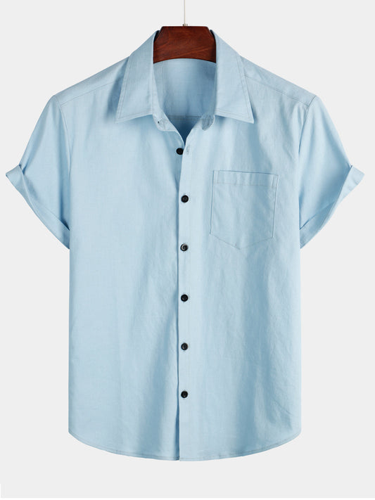 Camicia casual a maniche corte in lino e cotone a tinta unita con tasca per uomo