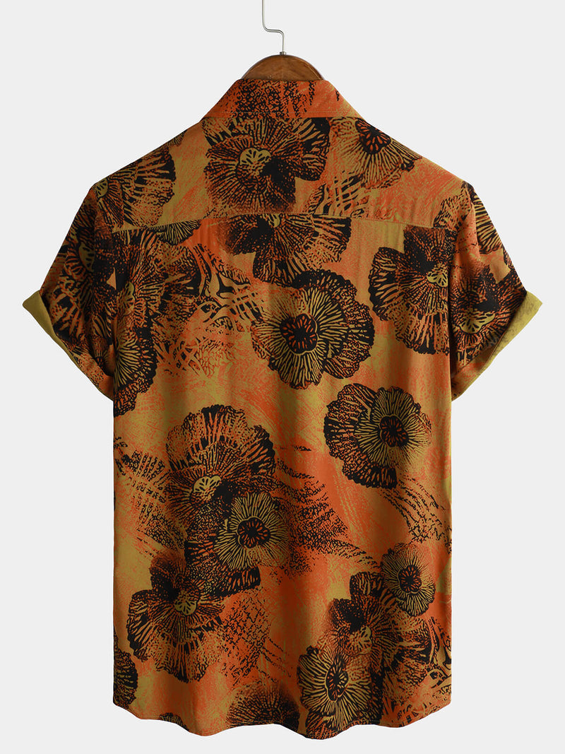 Camicia a maniche corte con stampa floreale retrò da uomo