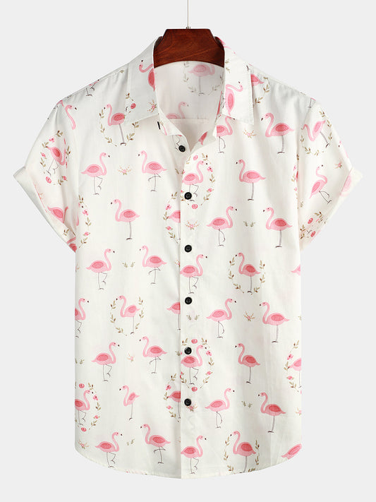 Camicia corta da uomo casual in cotone con stampa di fenicotteri
