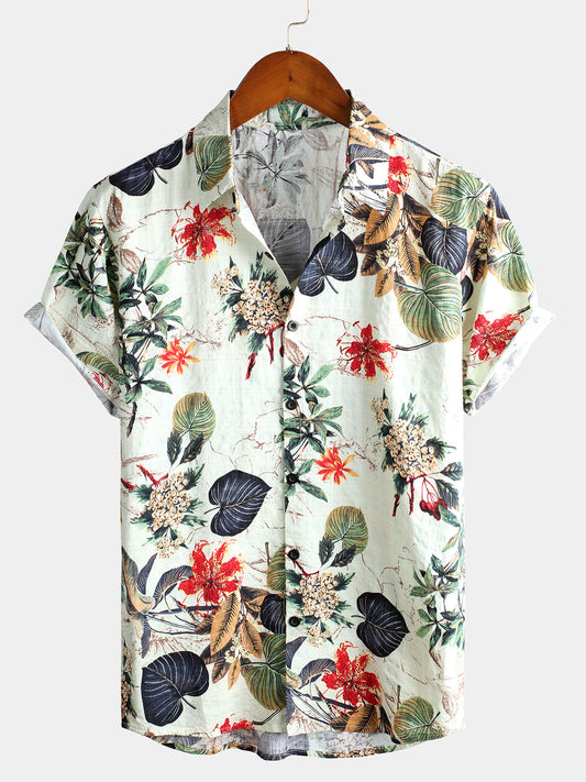 Camicia da uomo in cotone floreale con pianta hawaiana tropicale