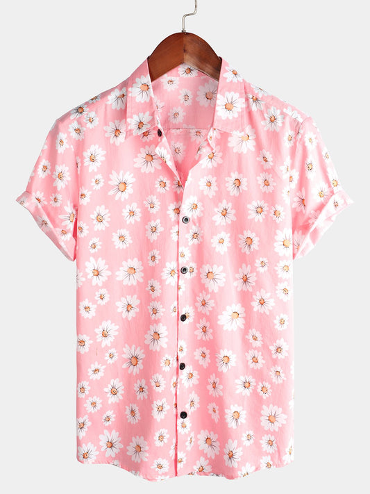 Camicia da uomo in cotone tropicale con stampa floreale rosa a margherita