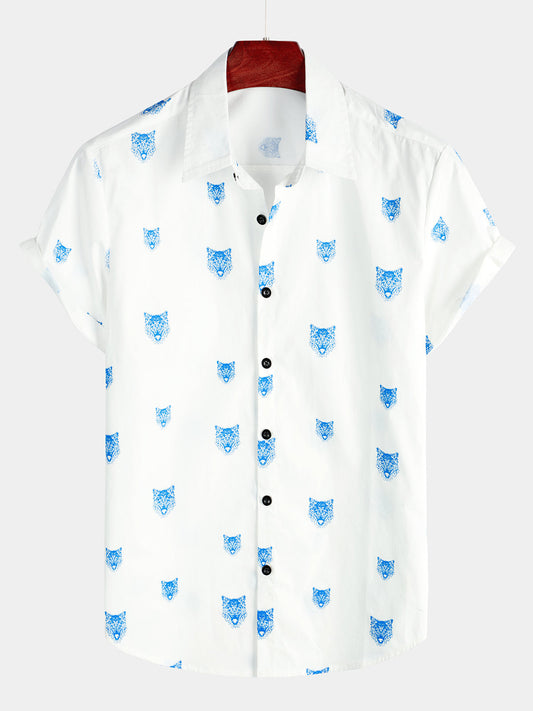 Camicia casual a maniche corte da uomo con motivo a lupo