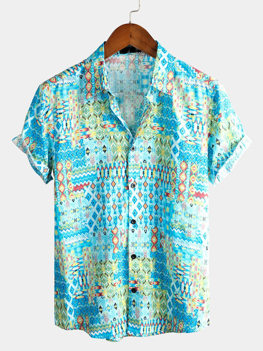 Camicia Tribale retrò in cotone a maniche corte vintage da uomo