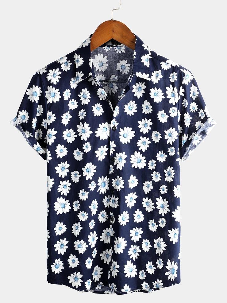 Camicia a maniche corte con stampa a fiori di margherite da uomo